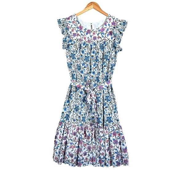 VINTAGE Smocked Floral Tapestry Ruffled Boho Midi Waist Tie Dress - Picture 11 of 11